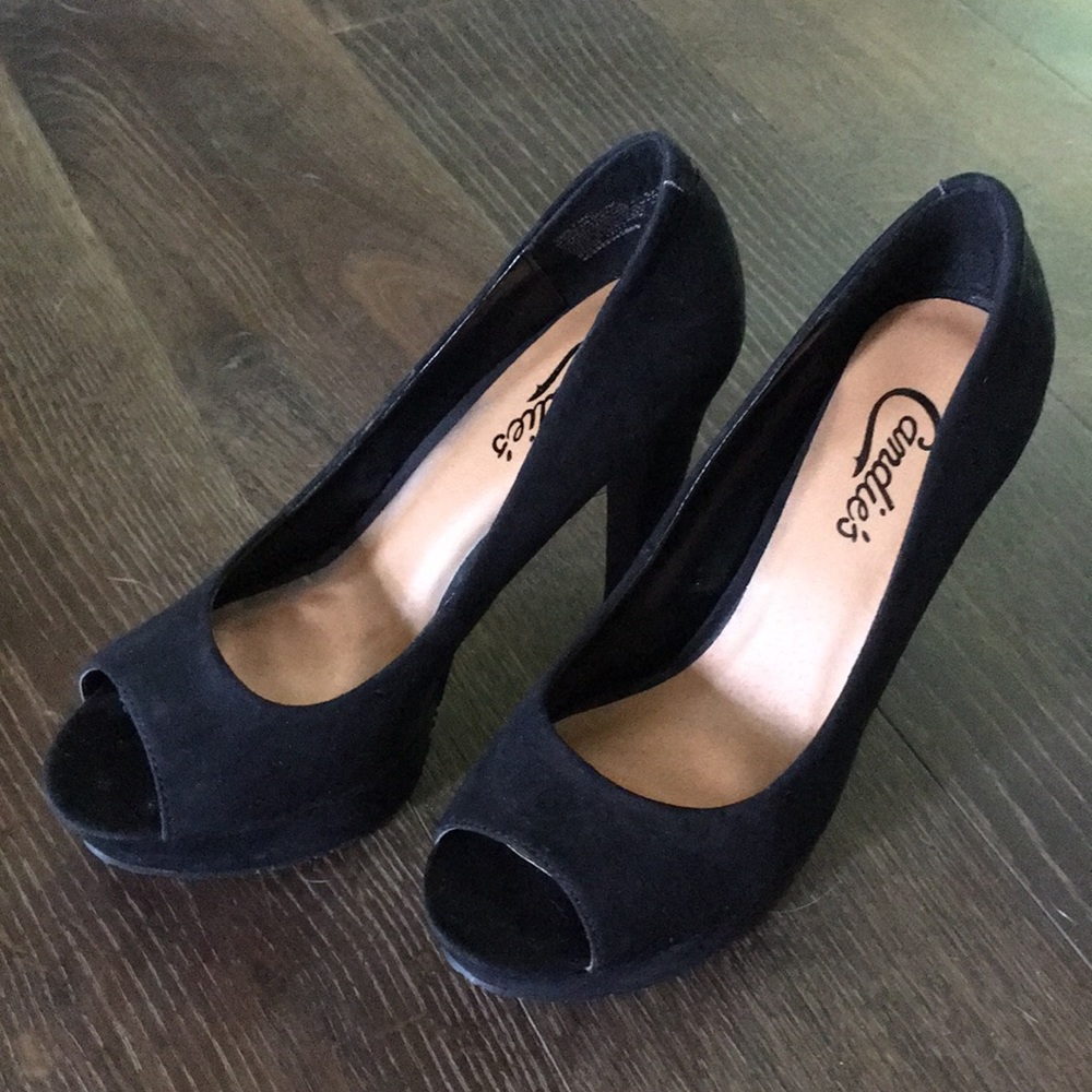 Black Suede Peep Toe Pumps